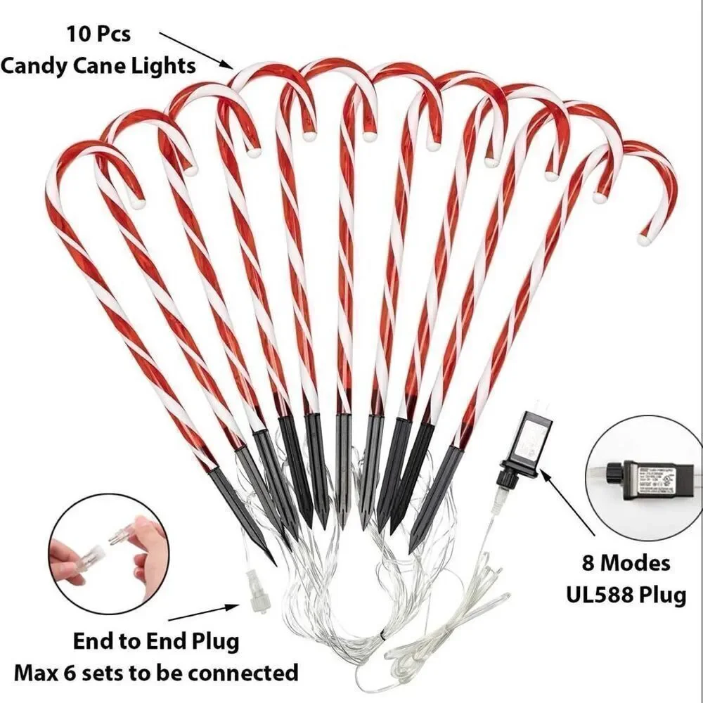 Candy Cane Outdoor Lights 10 Pack Red LEDs Lighted Christmas Path Lights String